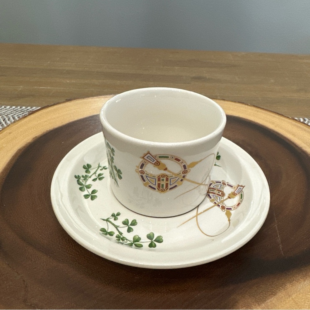 Brendan by Erin Stone White Ceramic Cup and Saucer with Clover & Brooch Design